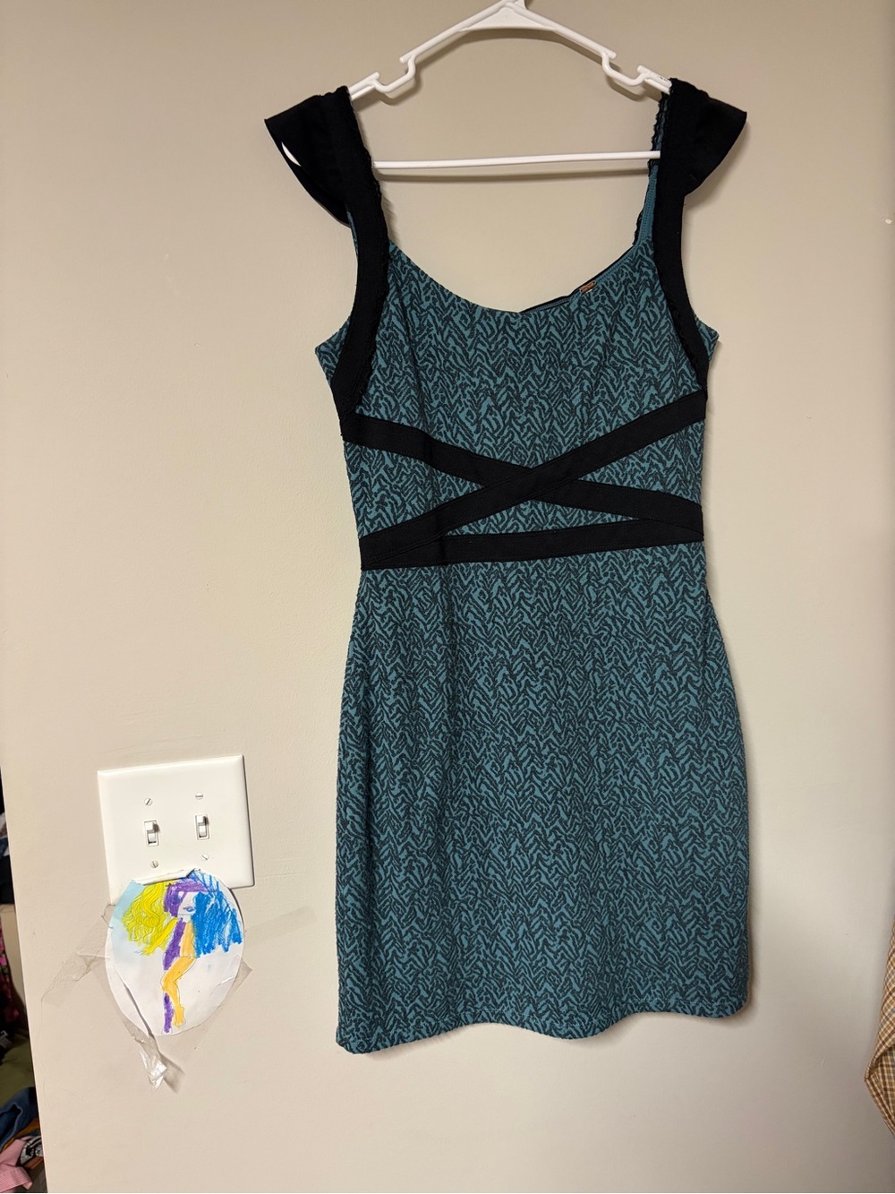 Teal Patterned Fit-and-Flare Dress with Black Accent